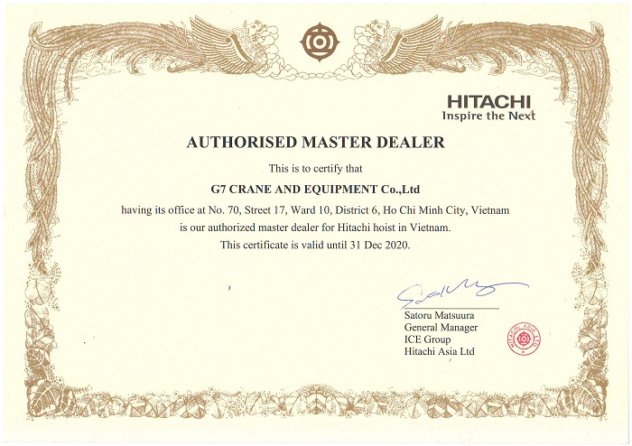 Chứng nhận phân phối palang hitachi tại Việt Nam